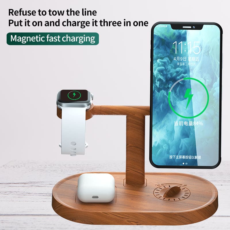 15W Magnetic 3 in 1 Bamboo Wood Wireless Charger Station