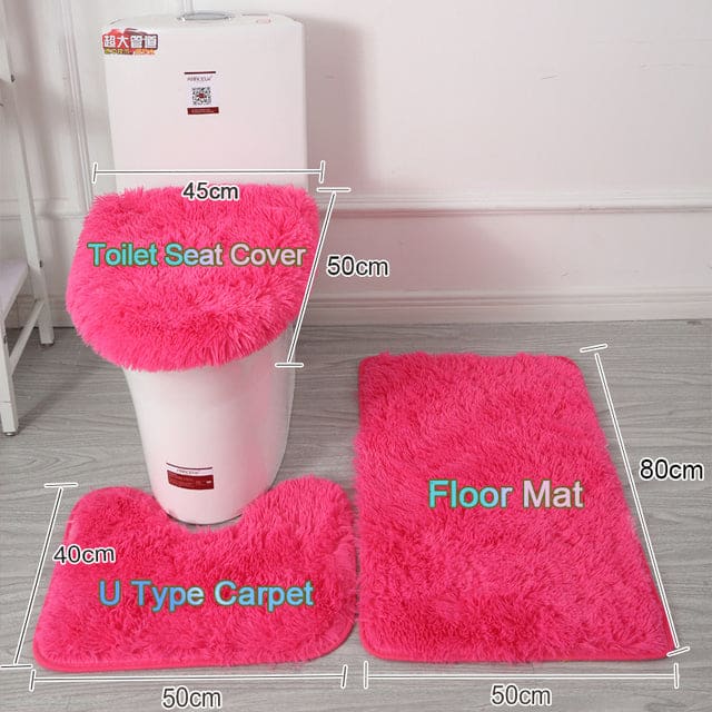 3Pcs Plush Bathroom Non-slip Bath Carpets - Fushia / 1 Set-