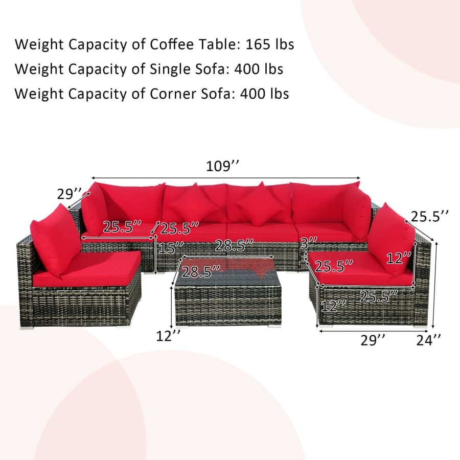 7PCS Patio Rattan Sectional Red Sofa Set