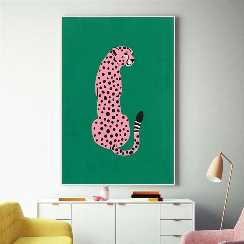 Modern Pink Cheetah Green Art Canvas Paintings