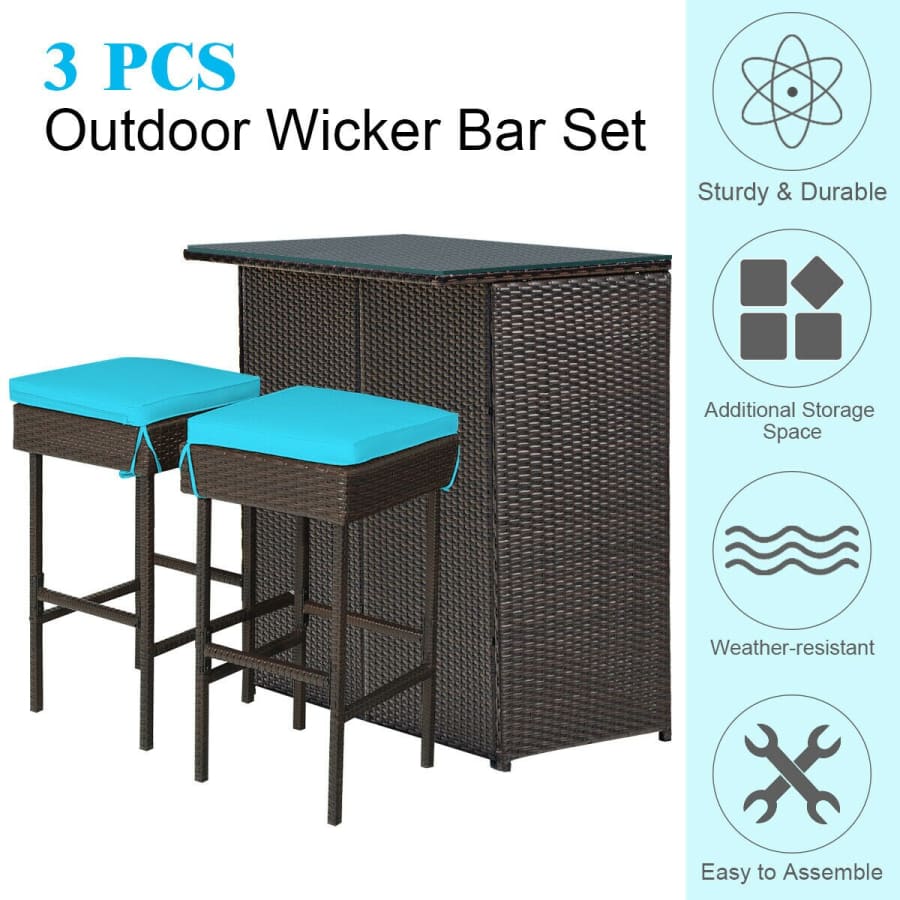 3PCS Patio Rattan Wicker Bar Table Stools