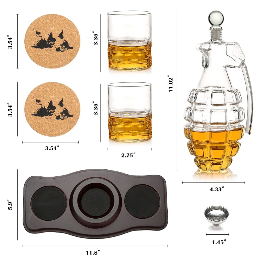 Grenade Whiskey Decanter Set with Wooden Holder